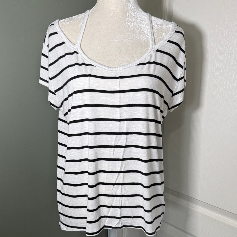 White House Black Market Black White Striped Scoop Neck Top Large Tee